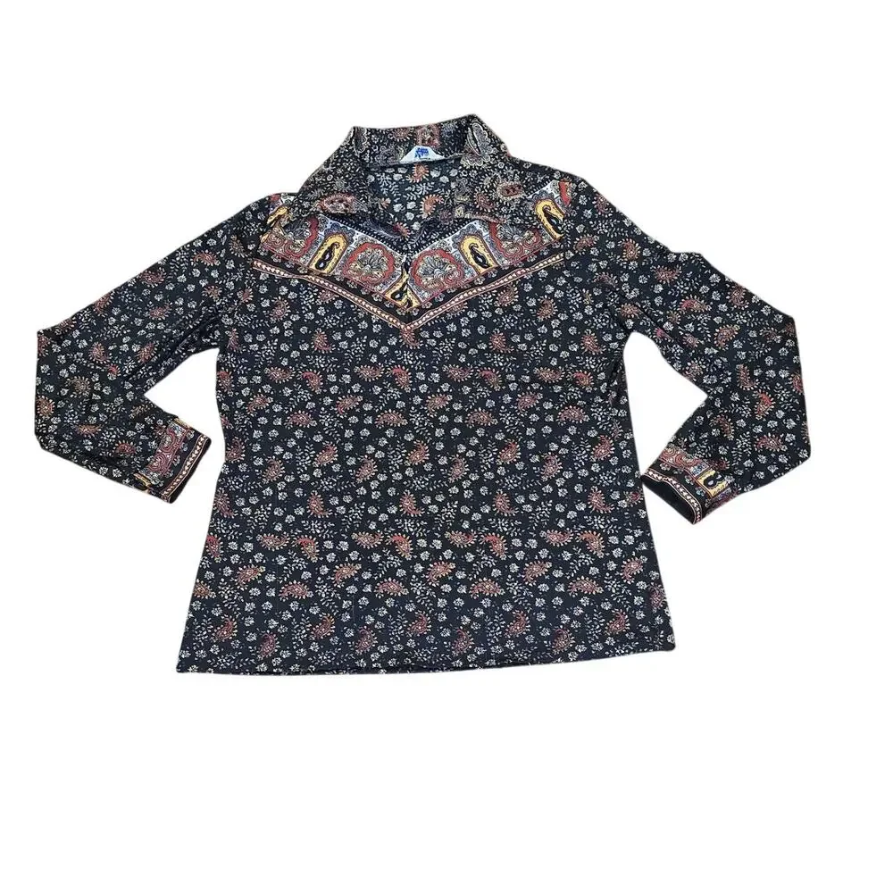 Mardi Modes Vintage 70s Paisley Blouse ┃Black Rust ┃Psychedelic Boho Whimsigoth - Picture 8 of 9
